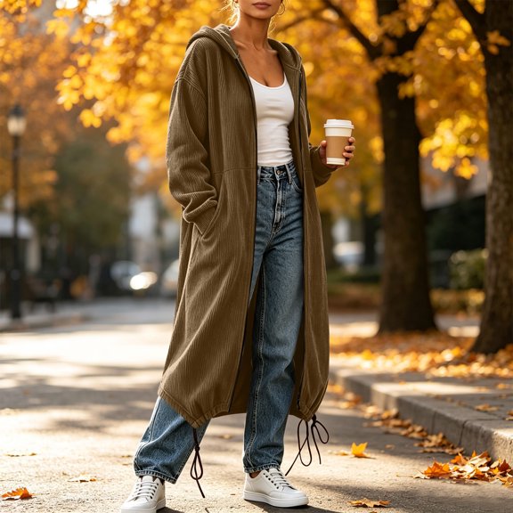 Corduroy Full Zip Hooded Long Coat for Women ,Hem Drawstring Casual Drop Shoulder Street Layering Coat with Pockets Solid Tone Fall Winter Daily Shopping Travel
