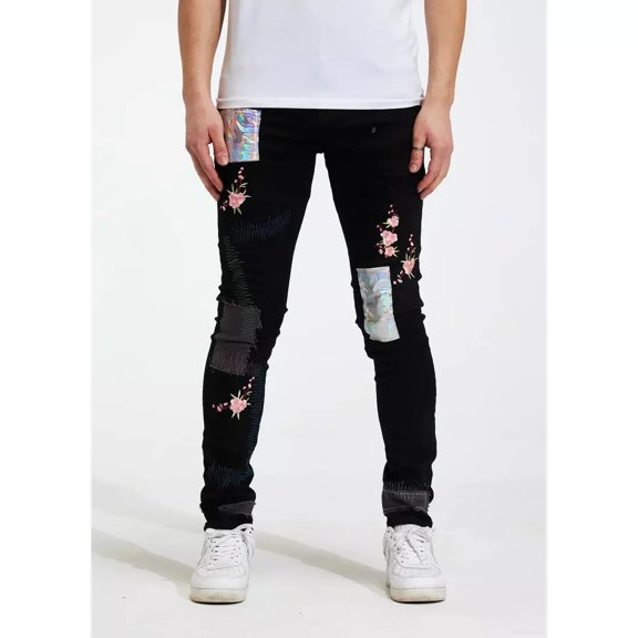 Crysp Denim Men's Embroidered Floral Patchwork Distressed Rip Skinny Fit Jeans (30, Black)