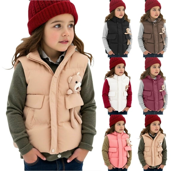 Lovzfmll Toddlers Kids Boys Girls Bear Print Puffer Vest, Cropped Oversized with Plush Lining, Cute Warm Winter Coat for 1-12 Years