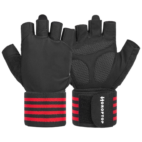 DROPTOP Weight Lifting Gloves for Men and Women, Workout Gloves with Wrist Wrap Support, Anti-Slip Padded Grip, Breathable Gym Gloves, Black/Red