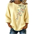 thumbnail image 2 of NTACZA Cotton And Linen Women’s Summer Tops Crew Neck Floral Casual Blouses 3/4 Sleeve Relaxed Fit Shirts for Women, 2 of 7