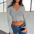 thumbnail image 2 of Long Sleeve Shirts for Women T Shirts Fall Tops Ribbed Button Cardigan Right Shoulder Blouses Dressy Casual Light Gray S, 2 of 5