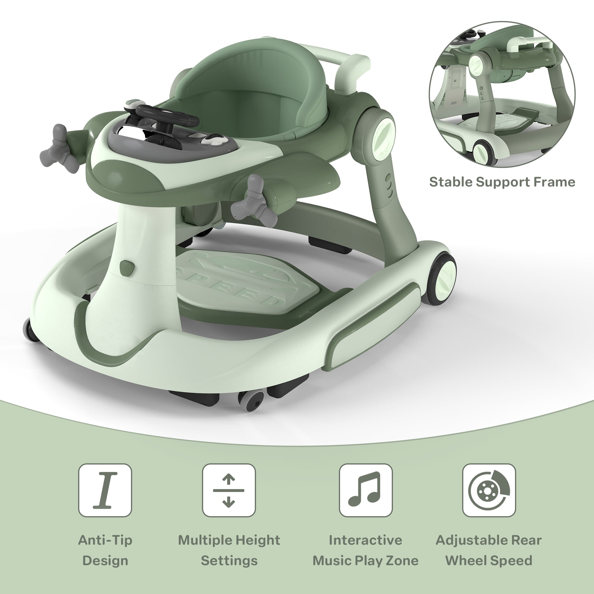 AILEEKISS 5-in-1 Musical Baby Walker with Wheels, Foldable Baby Walker for Boys Girls, Green