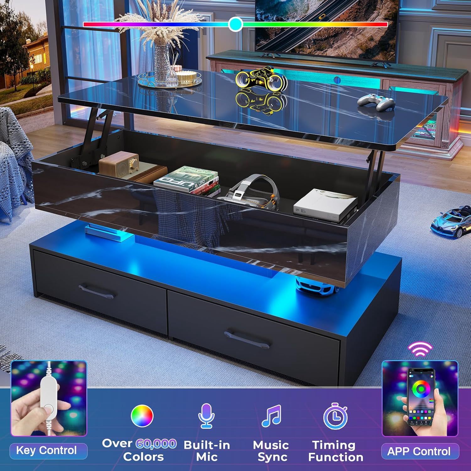 40" Lift Top Coffee Table with Storage, Modern Coffee Table with LED Lights and 2 Drawers, Small Coffee Table for Living Room, Dining Reception Room, Black Marble