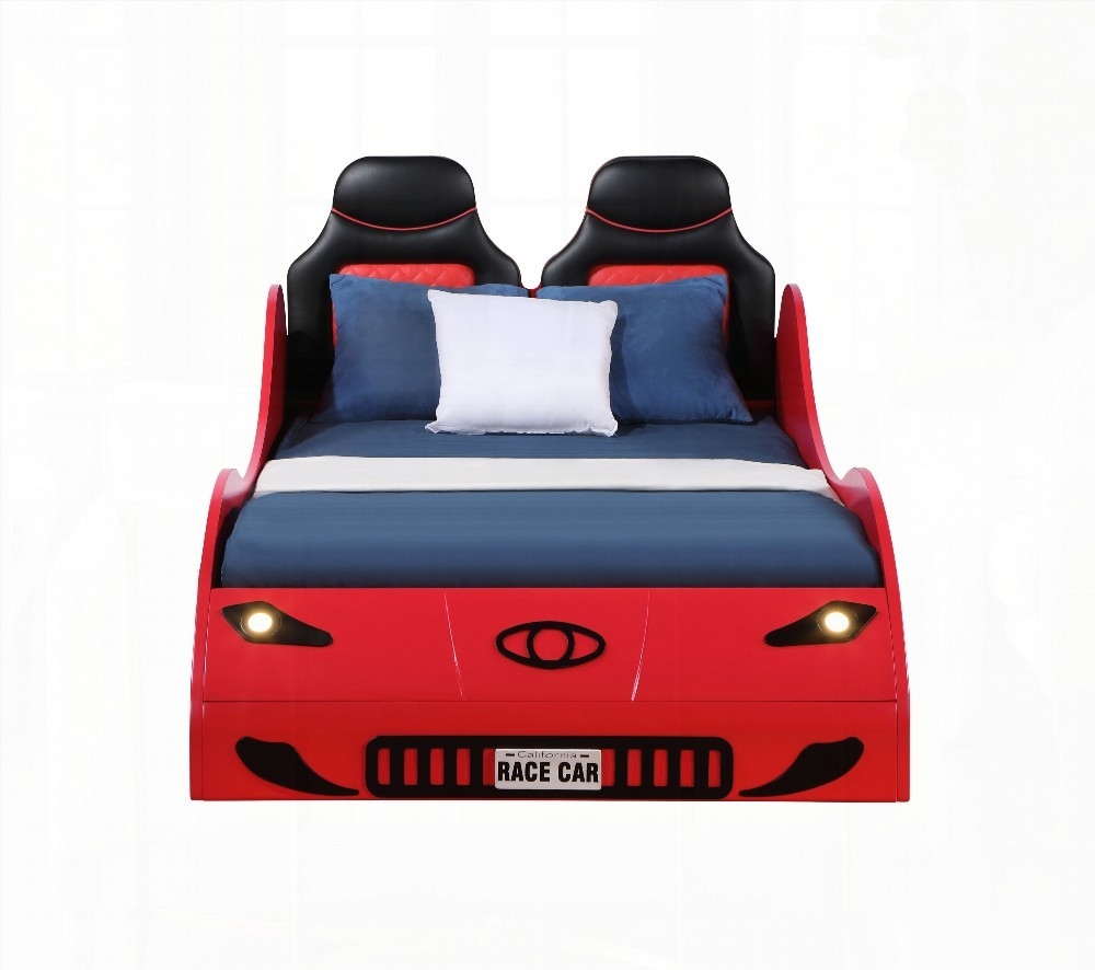 Colen Red Finish Twin Car Bed with Cool LED and Padded Upholstery