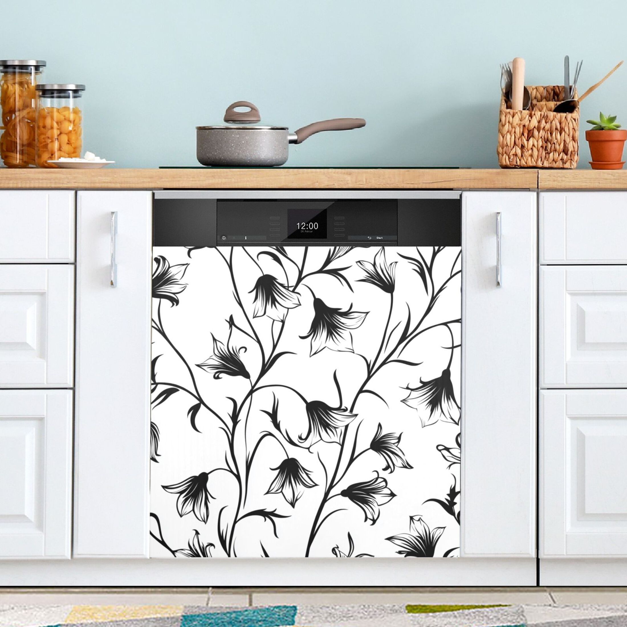 Dishwasher Magnetic Sticker 23x26 Inch Refrigerator Magnetic Sticker Washing Machine Magnetic Sticker Kitchen Panel Magnetic Sticker Home Decor Pretty Black Cartoon Flowers