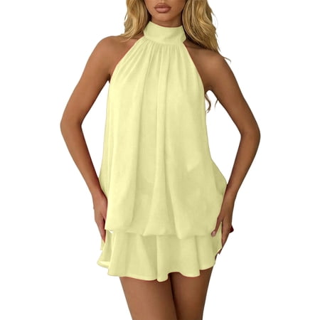 DGMIOCS Women s Dress Sleeveless Backless Neck Tie Waist Flared Mini Dress for Everyday Wear Outdoor and Campus Yellow XXL