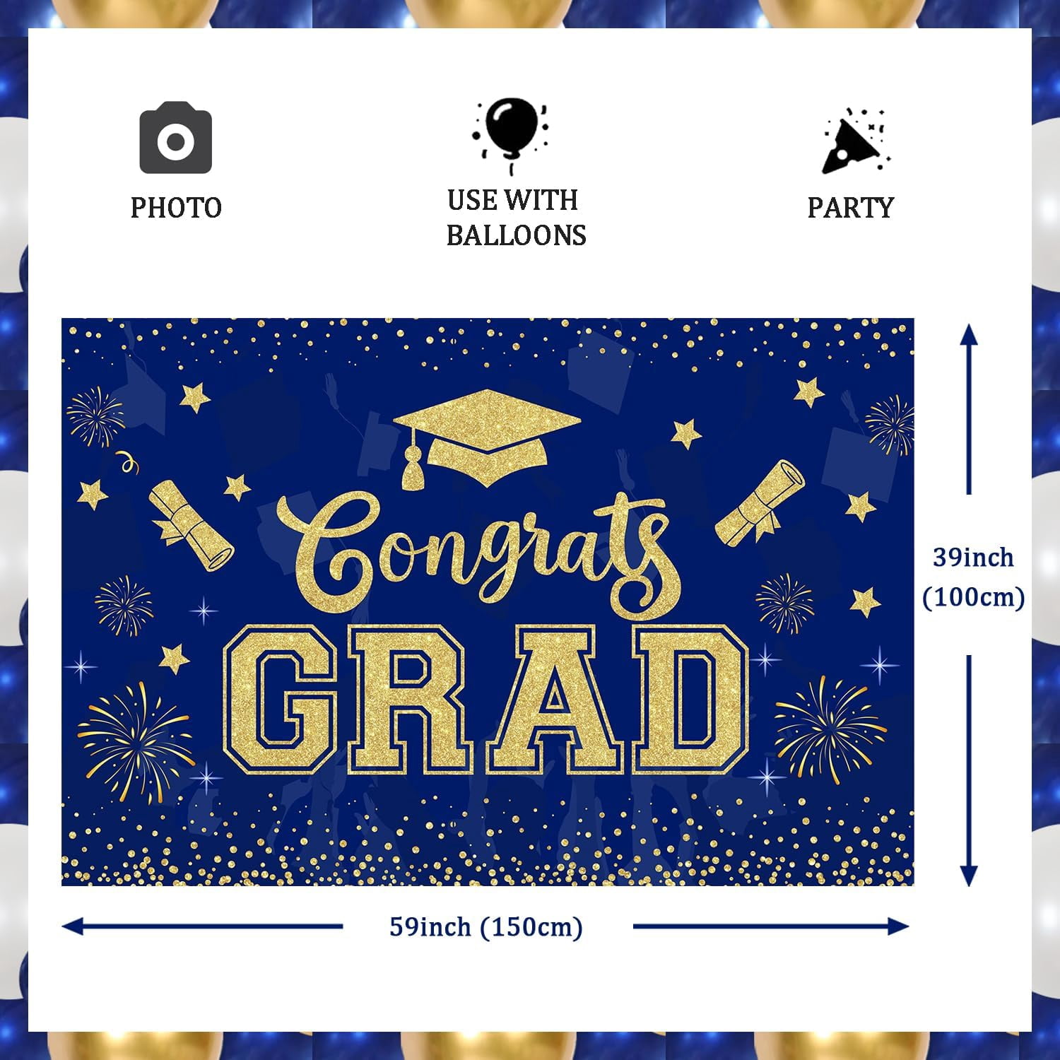 5*3ft 2024 Golden Deep Blue Congrats Grad Graduation Backdrop Glitter Printed Bachelor Cap Photography Background Cloth Confetti Fireworks Little Star Printed Banner for Grad Congrats Prom Party Decor