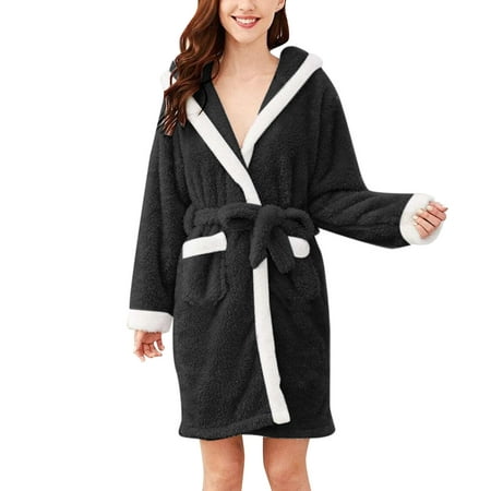 

HAPIMO Discount Women s Soft Comfy Nightgown Fuzzy Fleece Warm Bath Robes with Waist Belt Plush Short Robe Padded Sleepwear for Women Black M