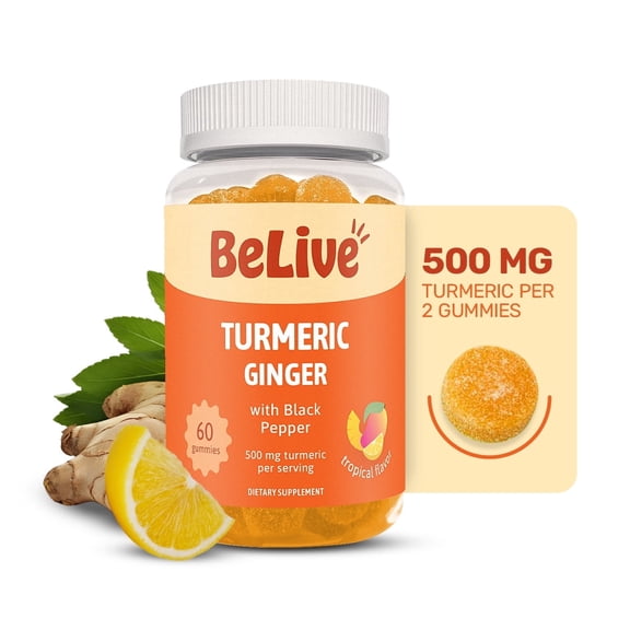 BeLive Turmeric Gummies - Curcumin with Black Pepper & Ginger Extract - 500 mg of Turmeric and Ginger Supplement for Immune Support, Healthy Skin, and Mobility - Tropical Flavor | 60 Count