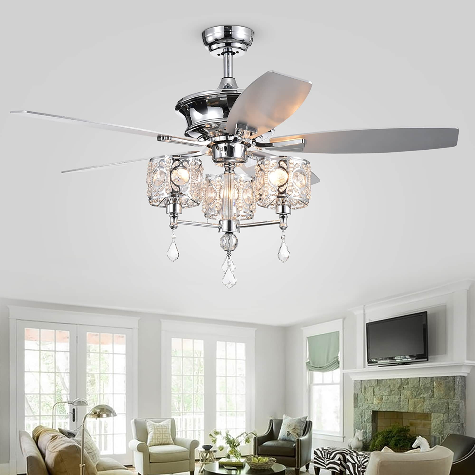 Warehouse of Tiffany Miramis 5-Blade 52-inch Chrome Lighted Ceiling Fan with Crystal Chalice Chandelier with Remote Control