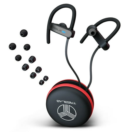 Noise Reducing Earphones TREBLAB XR800 Bluetooth Sports Headphones, Wireless Earbuds for Running, Gym Workouts. IPX7 Waterproof, Sweatproof, Secure-Fit Noise Cancelling Earphones w/Mic, Stylish Cordless Headset (Black-Gray) ()