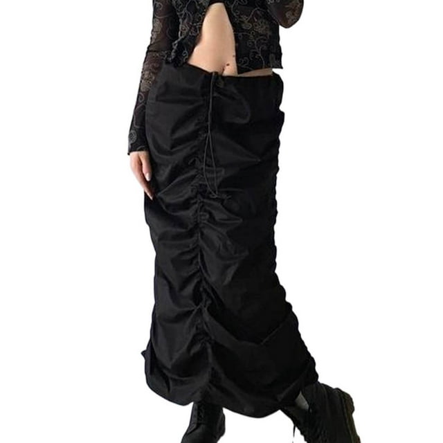 VISgogo Falda de Color Sólido para Mujer, Cordón Plisado Ajustable Elástico Cintura Alta Medio Vestido Casual Ropa Diaria VISgogo moda