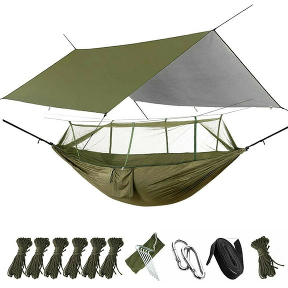 IC ICLOVER Camping Hammock with Mosquito Net and Rainfly Cover Tarp Fall, Portable Double Nylon Parachute Hammock Tent Rainfly Set for Backpacking Hiking Travel Yard Beach Outdoor Activities Green
