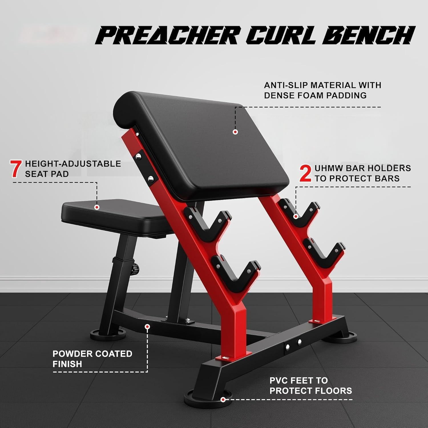 Preacher Curl Bench,Seated Arm Isolated Barbell Dumbbell Bicep Station for Arm Workout,Adjustable Bicep Curl Machine with 2 Bar Holders for Home Gym