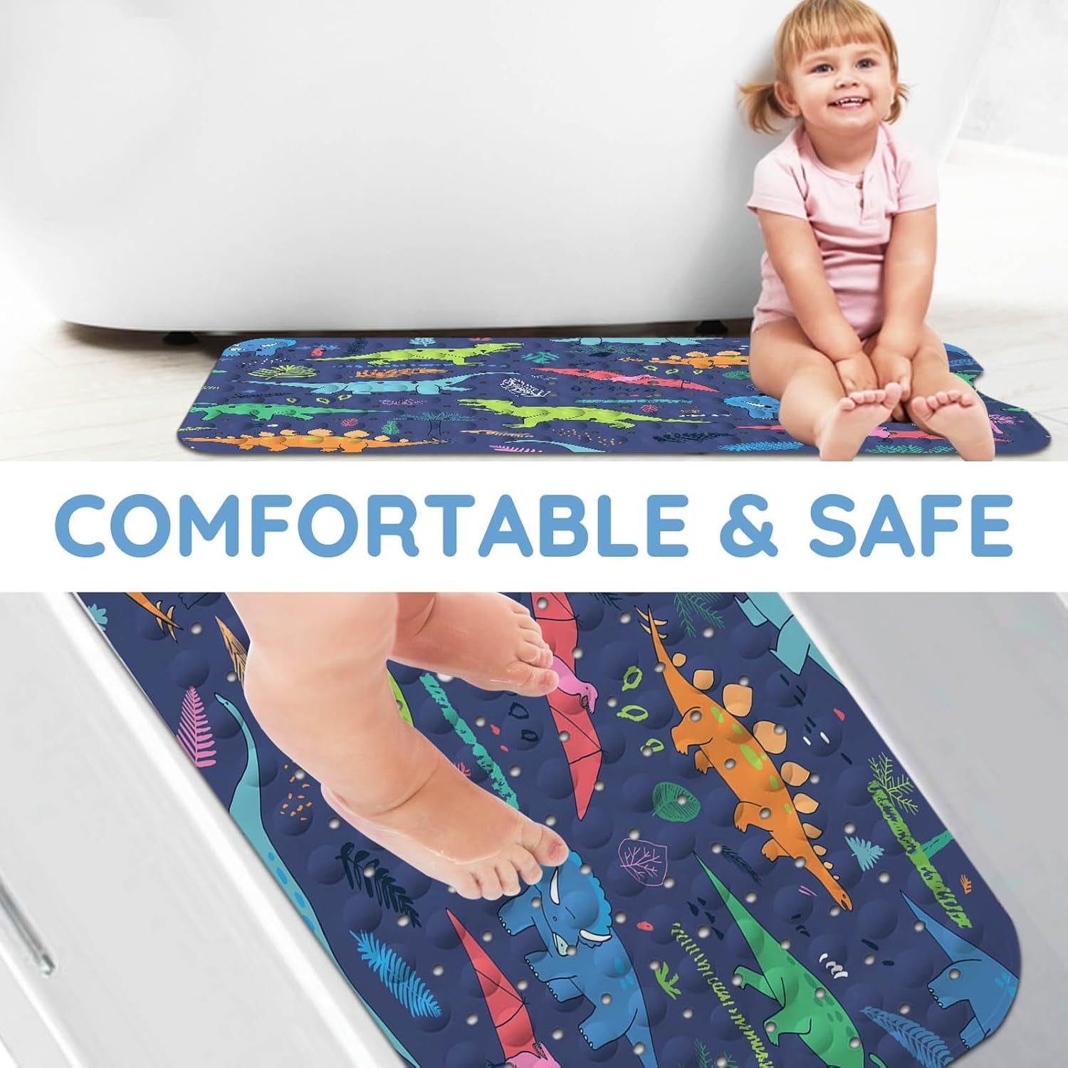 Bathtub Mats for Kids, Cartoon Blue Dinosaur Bath Mat for Tub Non Slip, 40 X 16 Inch Large Washable Bathtub Mat Non Slip for Showers with Drain Holes and Suction Cups