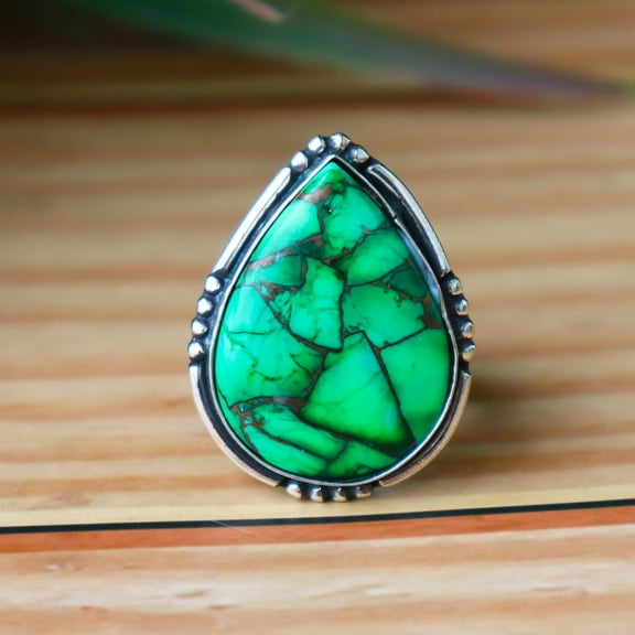 Green Copper Turquoise Ring, Teardrop Ring, 925 Silver Ring, Boho Ring, Statement Ring, Bold Ring, Earthy Gemstone Ring, Personalized Gift**