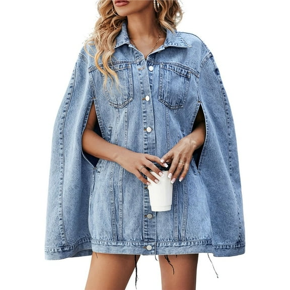 Denim Jacket for Women Poncho Cape Style Jean Jackets Loose Outerwear Blue M