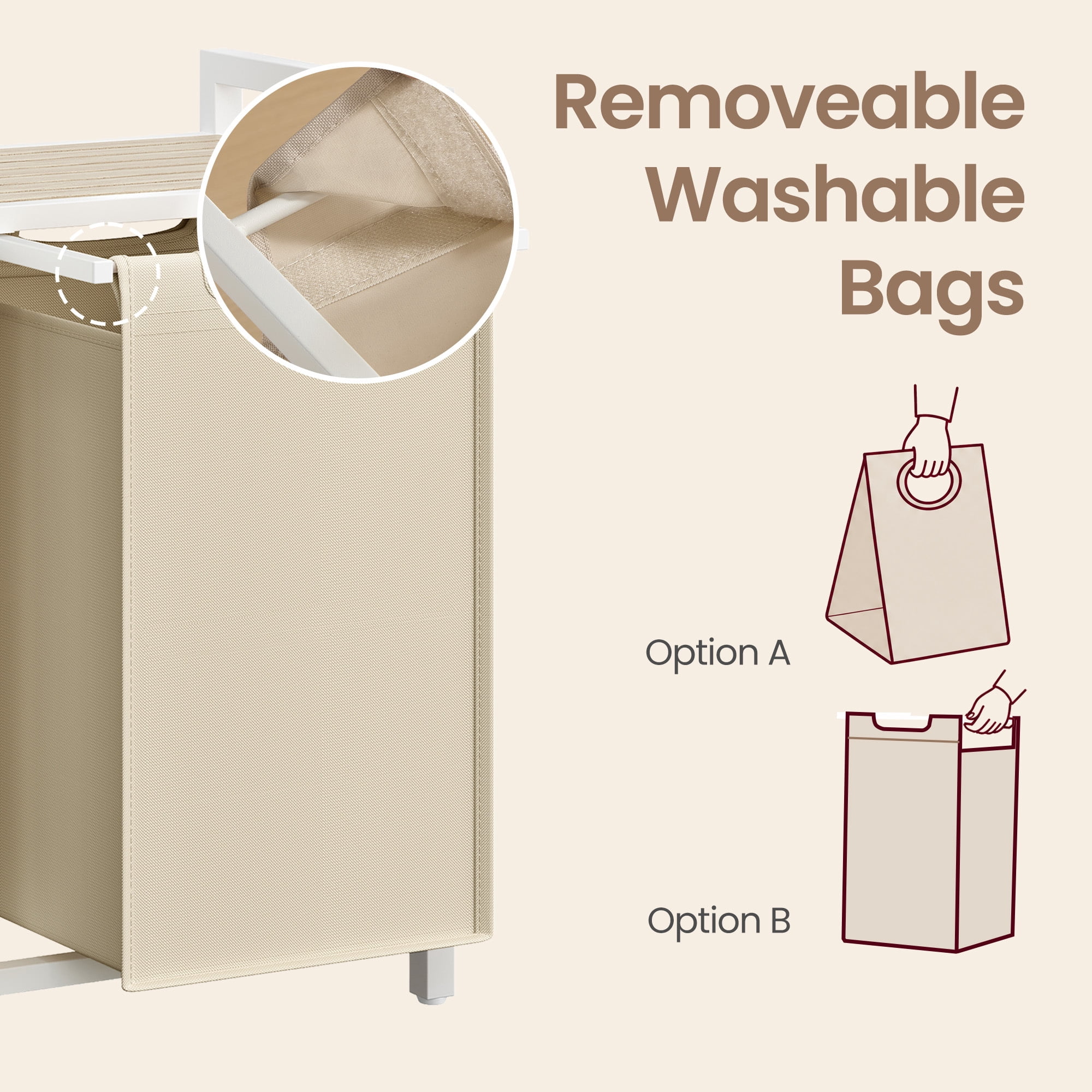 Ledrem Laundry Hamper with 2 Removable Bags, Sorting Basket, Shelf, Cappuccino Beige & Natural Beige