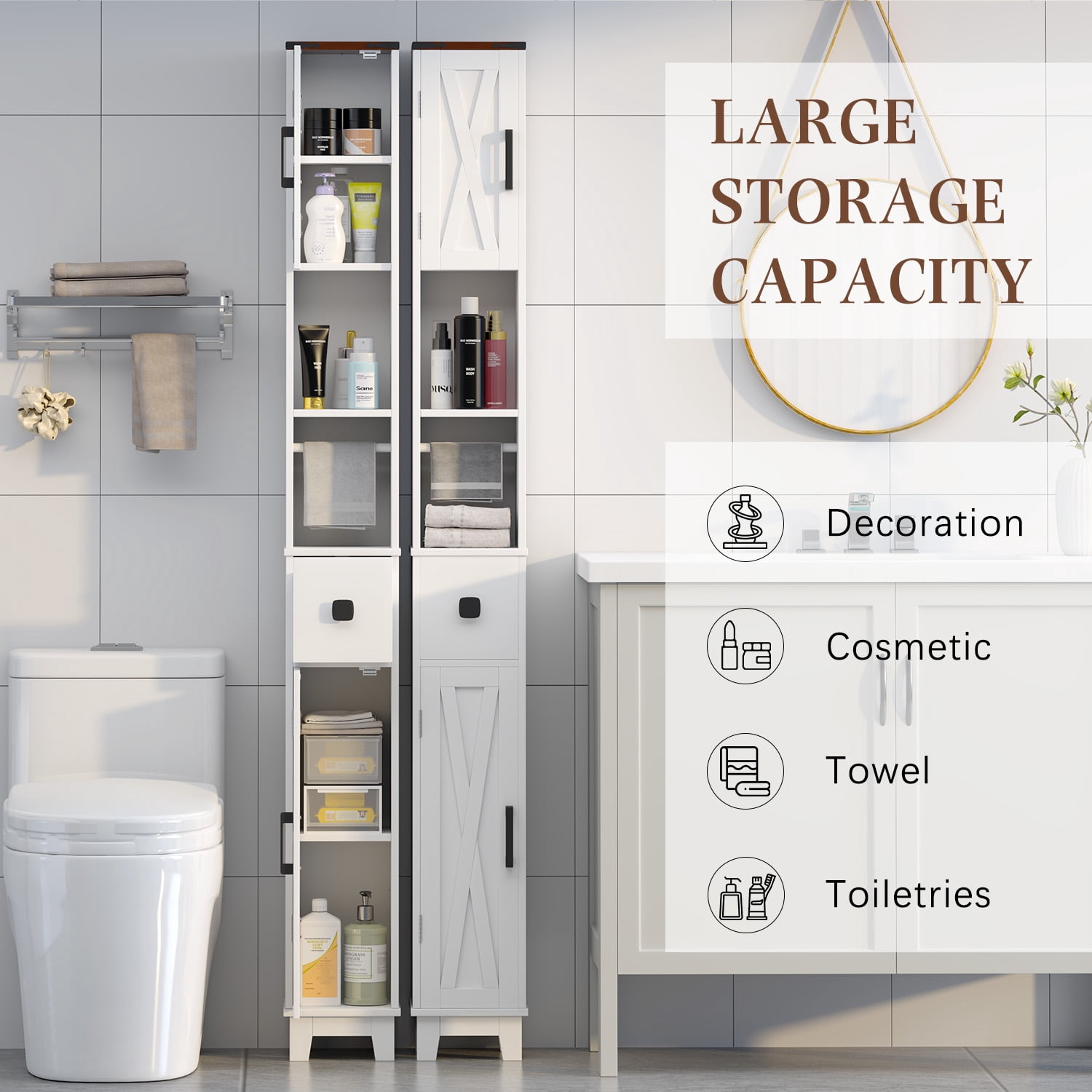 Erinnyees Narrow Bathroom Storage Cabinet, Skinny Freestanding Floor Cabinet, with Adjustable Shelves & Towel Bar, for Small Space, Living Room, Laundry Room, White