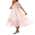 thumbnail image 3 of Women Summer Puffy Tulle Princess Dress Solid Color Square Neck Short Sleeve Ruffle Hem A-Line Dress Plus Size, 3 of 6