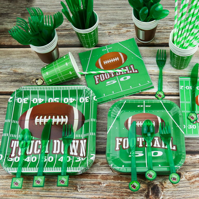 Football Party Supplies Sports Theme Party Pack for Game Day and Birthday Including Dinner Plates, Dessert Plates, Cups, Napkins, Spoons, Knives