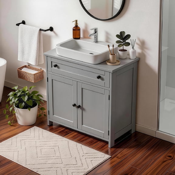 1-Drawer 2-Door Bathroom Vanity Bathroom Cabinet Washbasin Not Included, Grey 23.62*11.81*23.62in