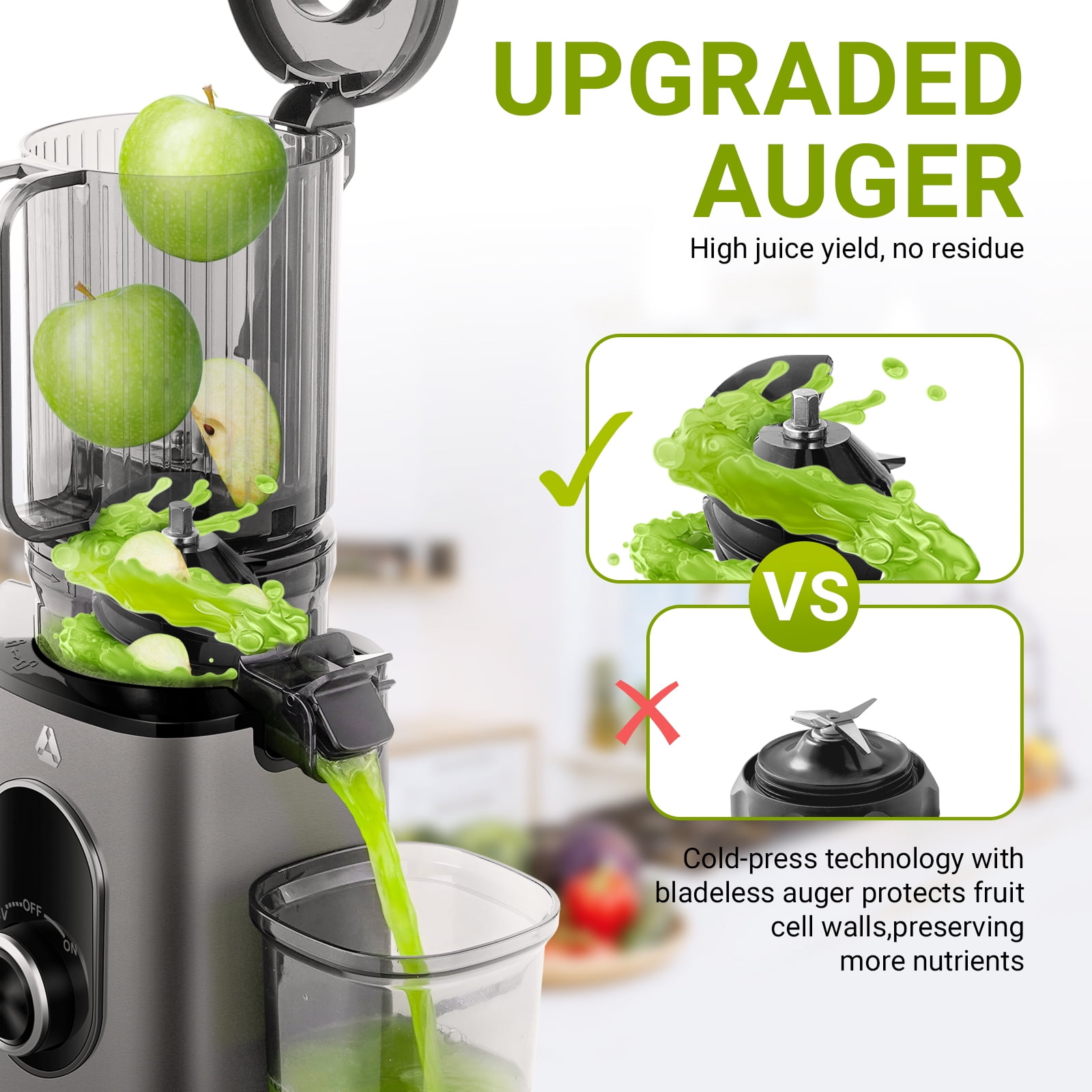 Sunmaki Juicer Machine, Portable Cold Press Juicer with 4.3" Large Feed Chute for Fruits and Vegetables,Easy to Clean 100W, Grey