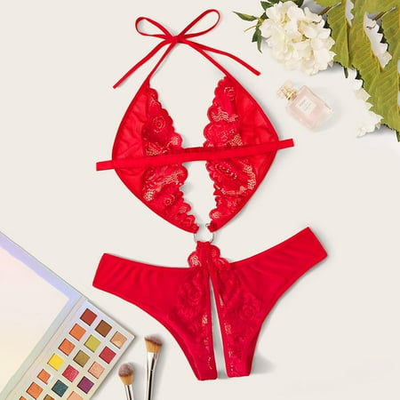 

Pxiakgy lingerie for women Women Lace Deep V-Neck Lingerie Bodysuit One-piece Garment Underwear Red + XXL