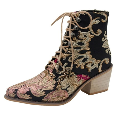 

Luiyenes Pointed Women Heel Shoes Boots Lace-Up Boots Embroidery Retro Toe women s boots