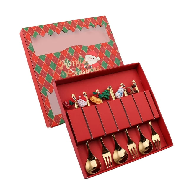 Stainless Steel Spoon Fork, Flatware with Gift Box, Reusable Christmas Forks and 6pcs Pendant Type