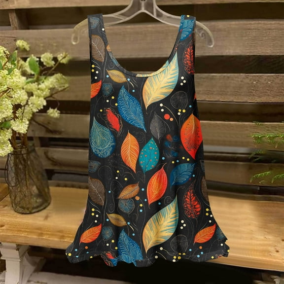 Qulqfy Tank Top for Women Flowy Blue Floral Beach Summer Shirts Sleeveless Spring Crew Neck Camisole Women Tops L