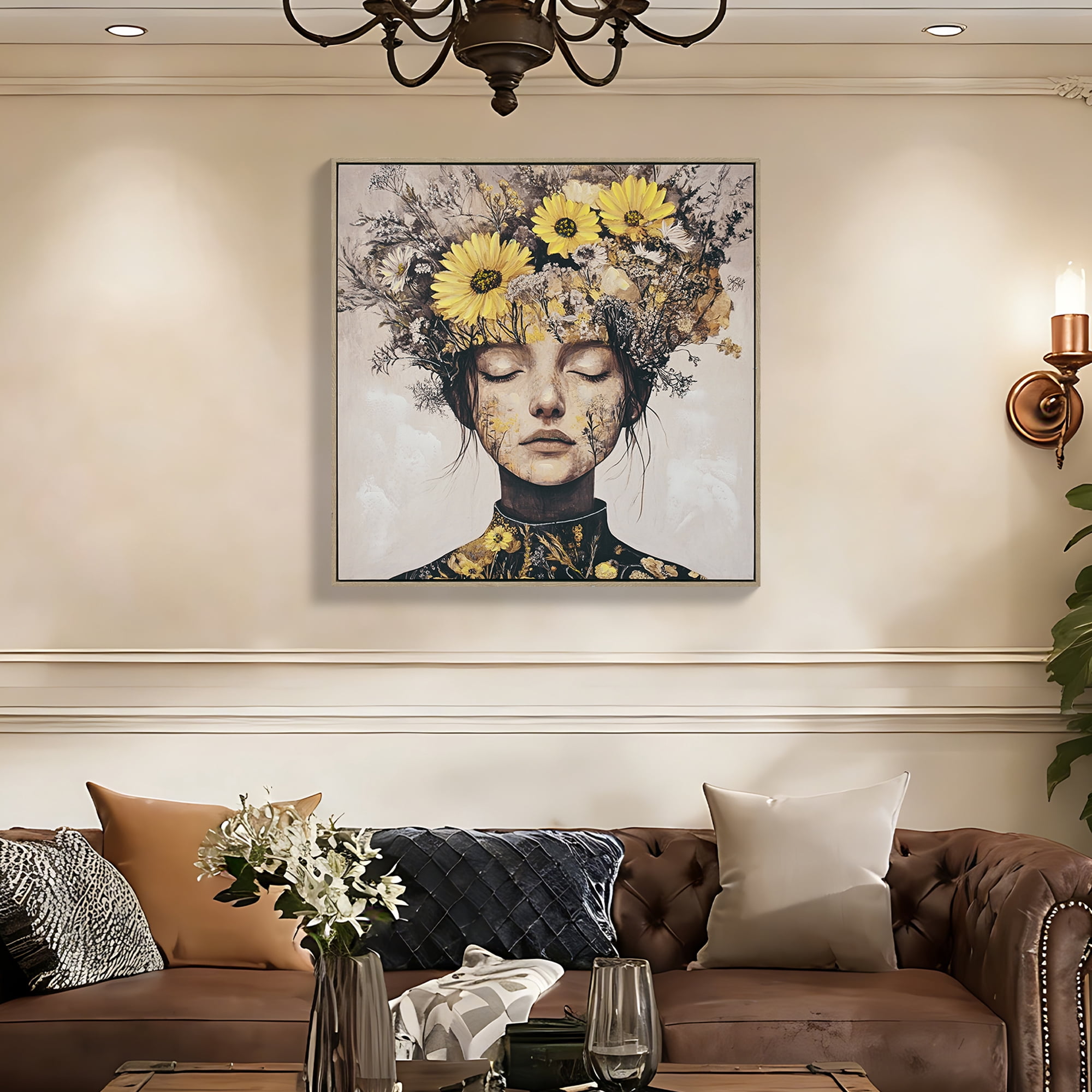 MOONMISS 24x24 Beauty Lady Gold White Floral Canvas Print Modern Wall Art Living Room Bedroom Decor