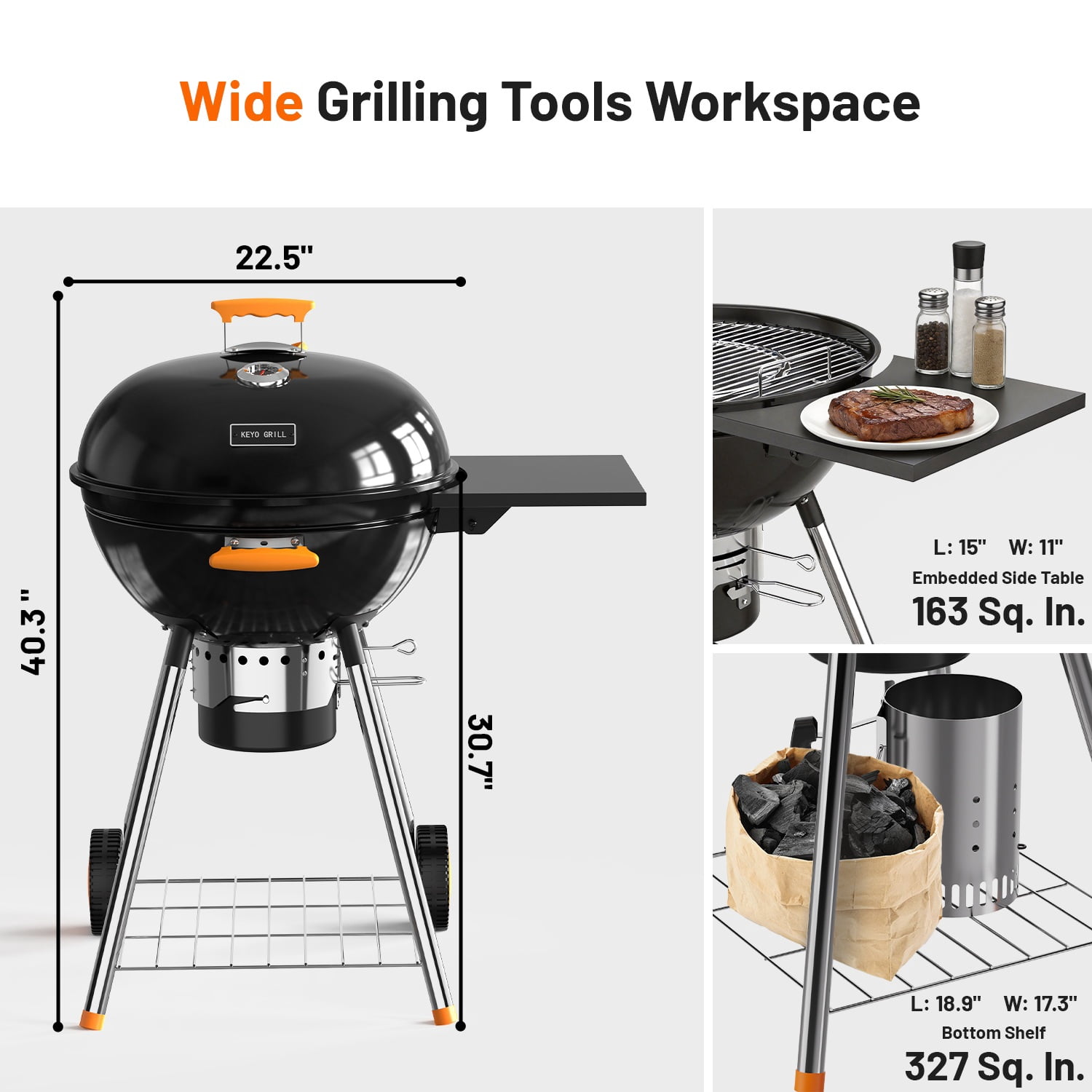 KEYO GRILL 21 in. Kettle Charcoal Grill with Foldable Side Table & Removable Ash Catcher,Thermometer,Black