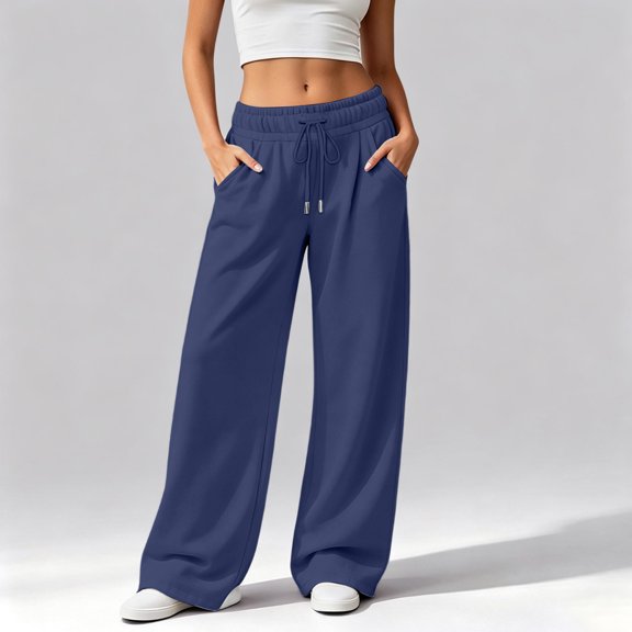 Women’s Drawstring Elastic Waist Wide Leg Pants, Loose High Waist Casual Trousers with Side Pockets Daily Workout Travel Lounge Pants for Women Dark Blue M