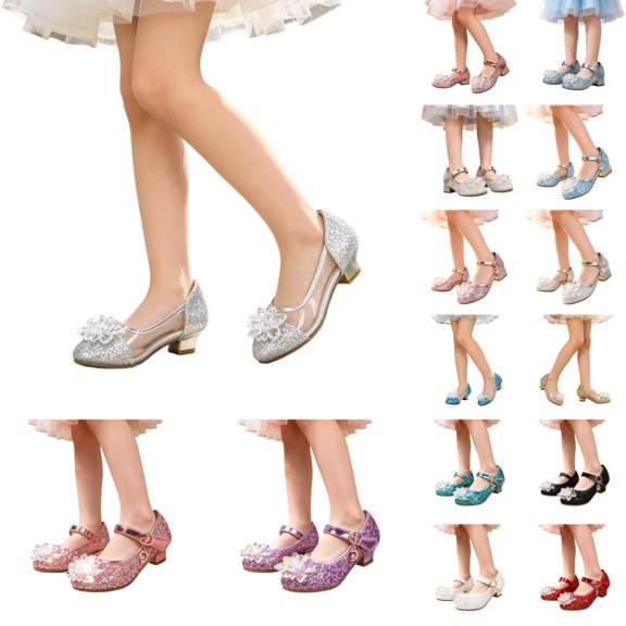 VeFlora Girls Dress Shoes, Glitter Princess Shoe, Flower Mary Jane Low Heels, Party Wedding Prom Footwear for Toddler Kids(Gold1/5-5.5 Years Little Child)