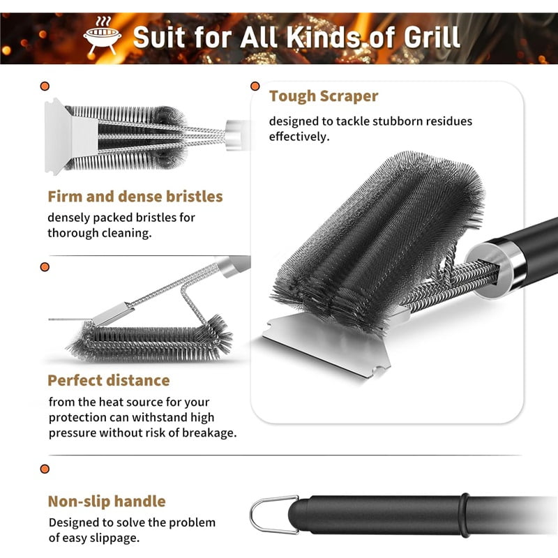 18-inch BBQ Brush and Scraper - Three rows of reinforced stainless steel bristles - Best heavy-duty outdoor BBQ brush for all types of grills - 18-inch long BBQ brush handle