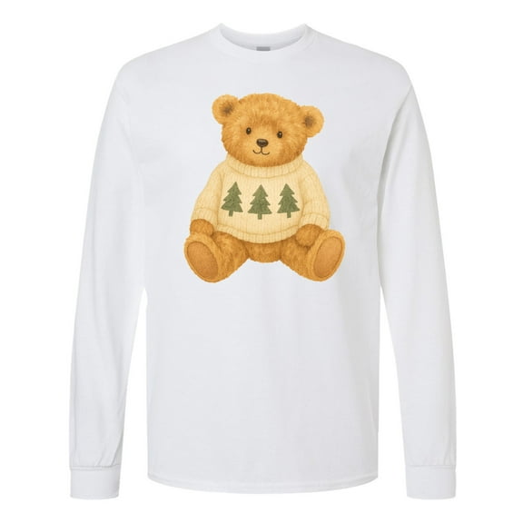 Inktastic Vintage Teddy Bear in Sweater with Christmas Trees Long Sleeve T-Shirt