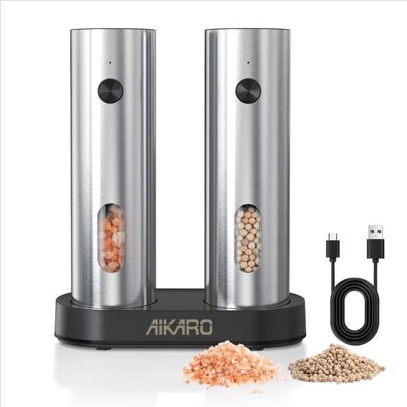 AIKARO - Electric Salt and Pepper Mill Automatic Stainless Steel Spice Grinder, Rechargeable (Set)
