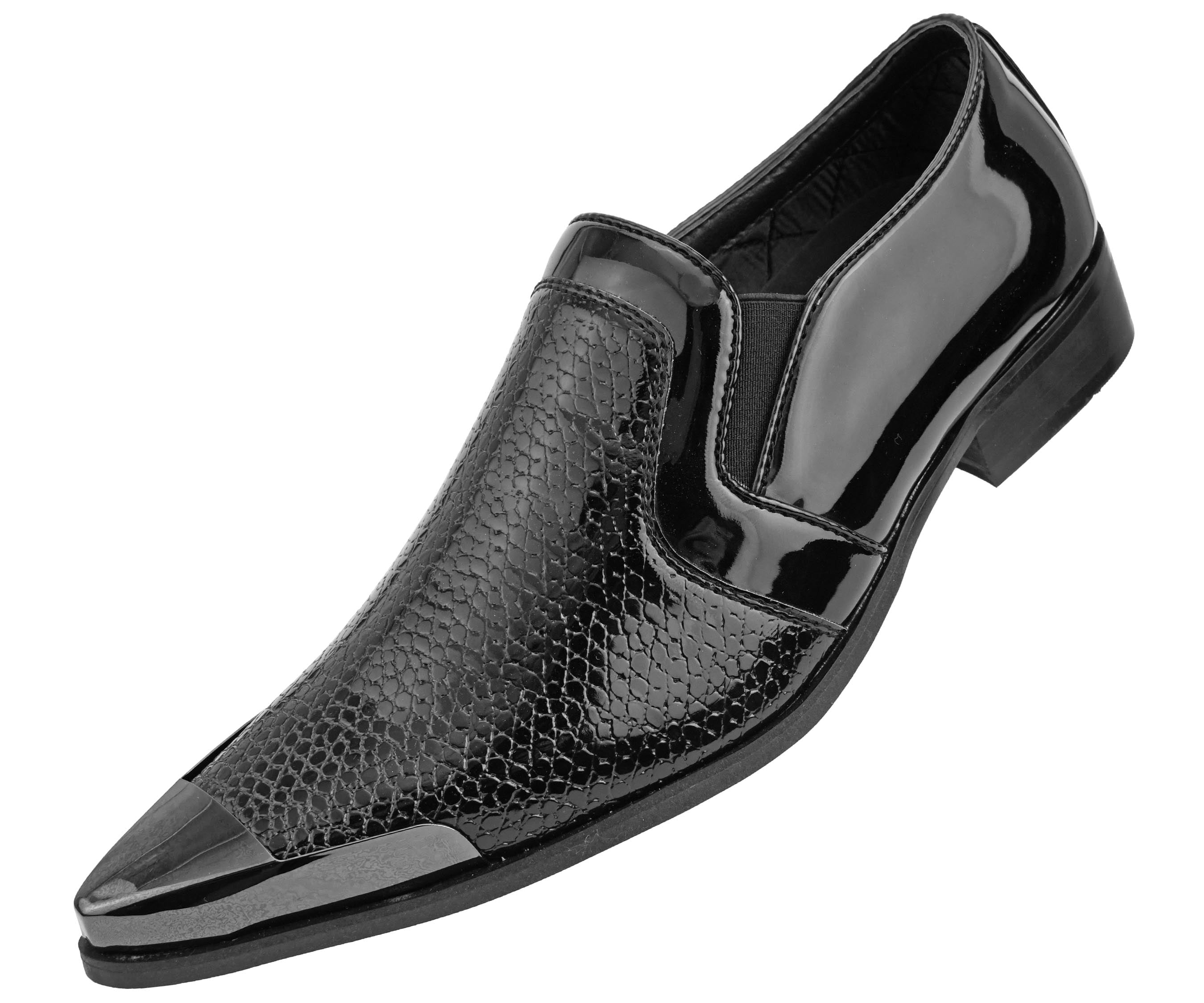 Amali Men's Reptile Patterned Exotic Patent Embossed Slip on Dress Shoe  with Gun Metal Tip, Style Davis 