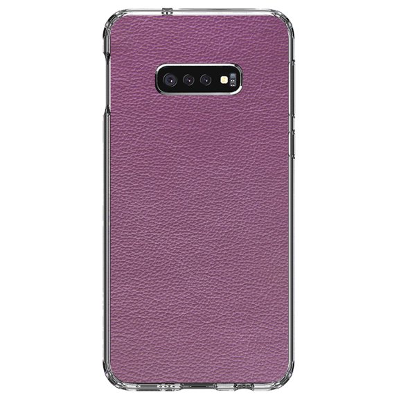 DistinctInk Clear Shockproof Hybrid Case for Samsung Galaxy S10e (5.8" Screen) - TPU Bumper, Acrylic Back, Tempered Glass Screen Protector - Purple Faux Leather Print Design - Printed Leather Image