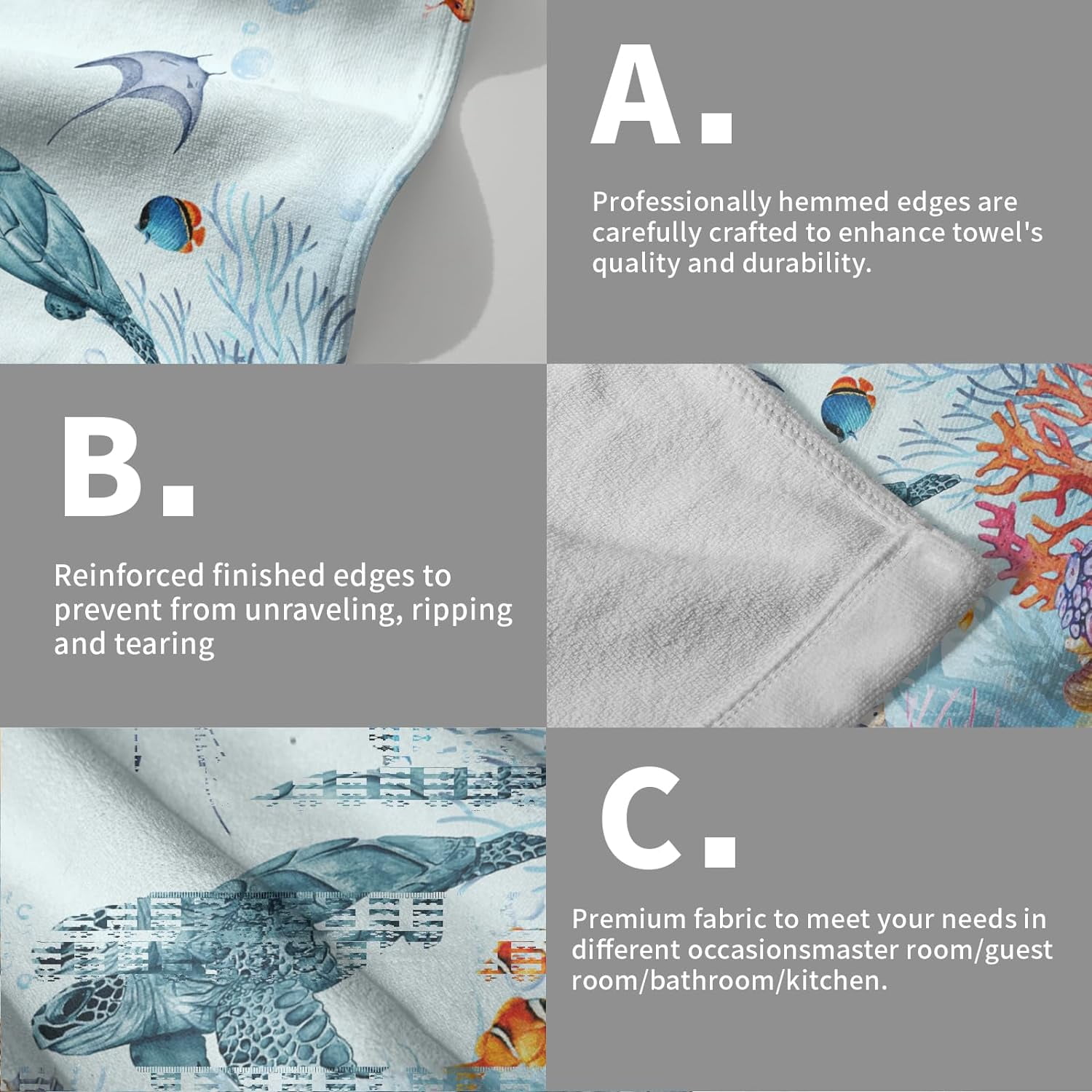 Ocean Sea Turtle Hand Towels Set of 2 Tropical Fish Coral Fingertip Bath Towel Soft Kitchen Washcloth for Bathroom Laundry Room Spa Decor
