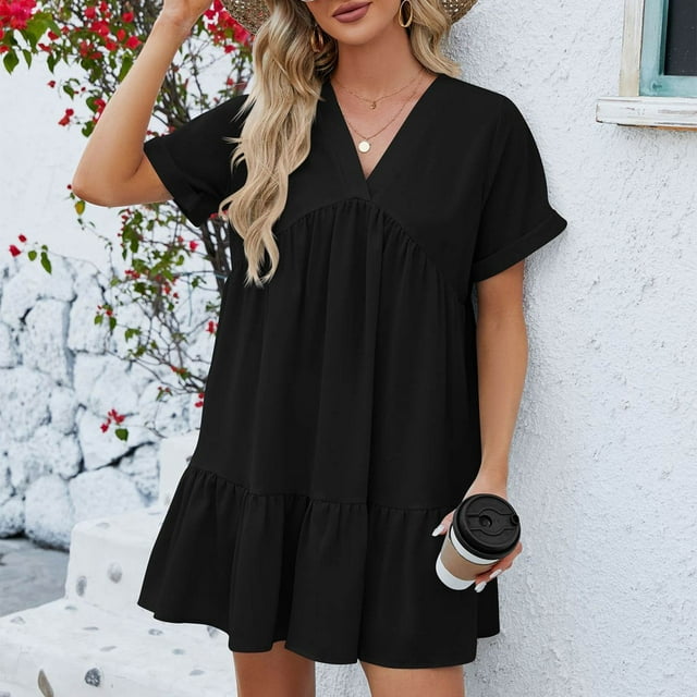 Robes pour Femmes Été 2024, Robe Ample Plissée à Manches Courtes, Col en V, Couleur Unie, 50 % de Réduction!