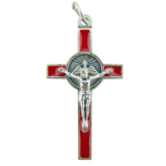 Red Enamel Crucifix with Holy Trinity Dove Center 1 1/2" Confirmation Cross