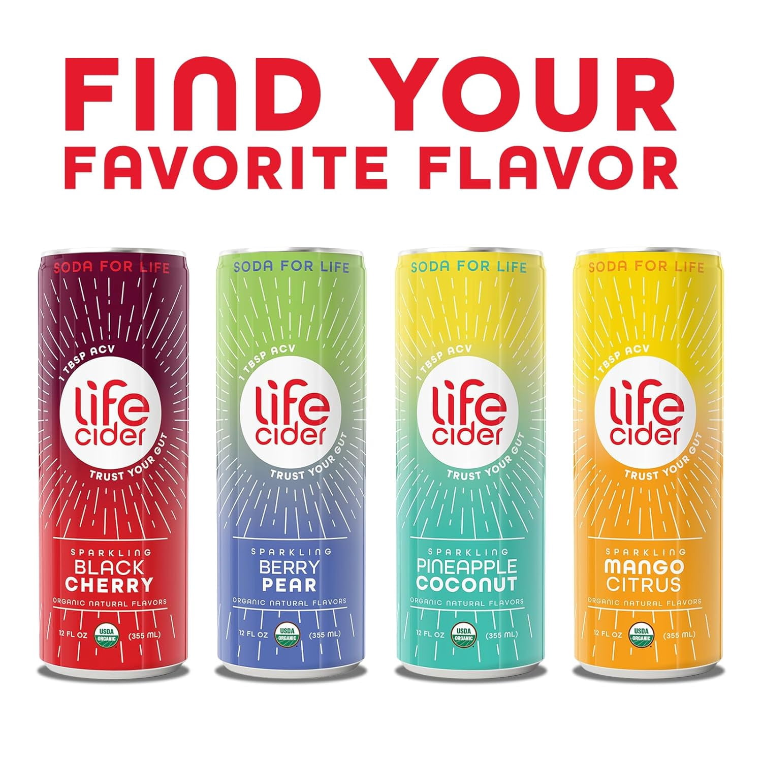 Life Cider Sparkling Apple Cider Vinegar Healthy Soda, Berry Pear, Gut Balance, 12 fl oz Aluminum Can