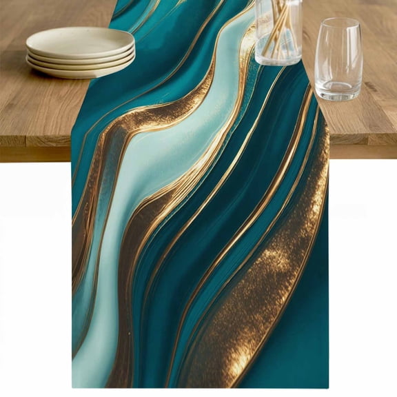 Teal Marble Table Runner 90 Inches Long Farmhouse Dress Scarves, Modern Abstract Gold Fluid Art Dining Tablerunner for Coffee Table/Kitchen Island/Party Décor, 13" x 90"