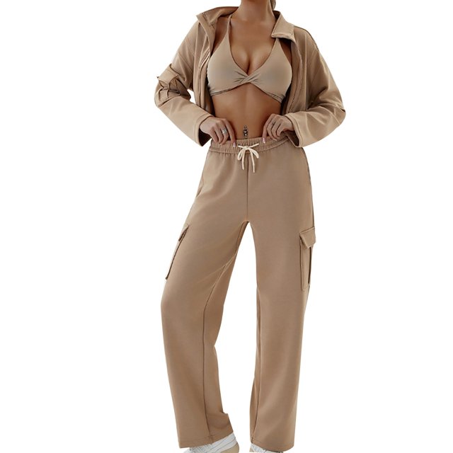Posijego Women's 2 Piece Zip up Long Sleeve Crop Sweatshirts Drawstring Cargo Sweatpants Lounge Sweat Suit