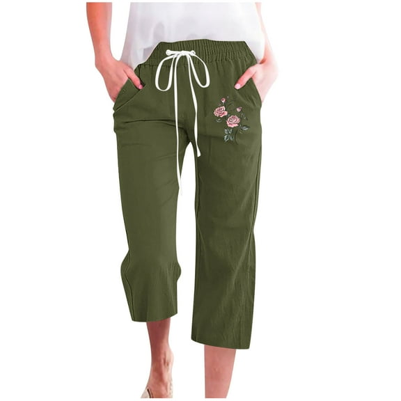 USNSM Women's Capri Pants Casual Rose Print Drawstring Elastic High Waist Pants Wide Leg Plus Size Lounge Capris Pants Army Green S