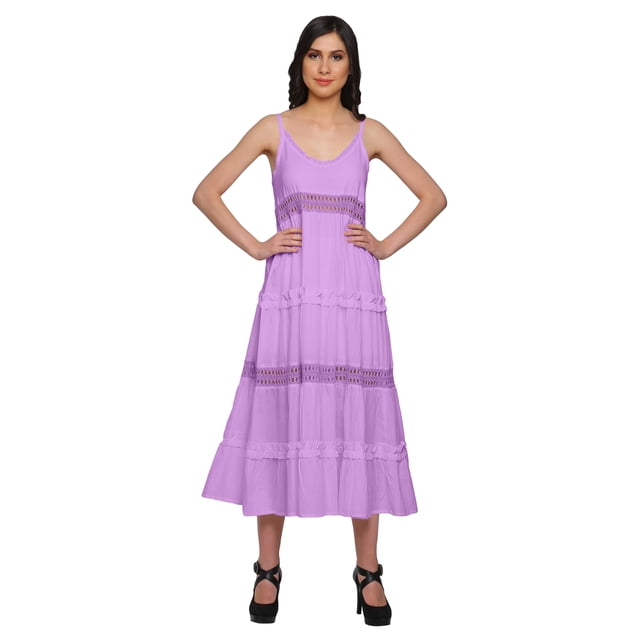 Moomaya Robe Longue Maxi Unie Sans Manches à Bretelles Spaghetti avec Garniture en Dentelle