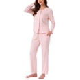 thumbnail image 4 of Conjuntos de pijamas para mujeres con encaje, blusa de manga larga con botones, ropa de dormir, pantalones con cintura elástica y bolsillos, M, rosa, 4 of 6